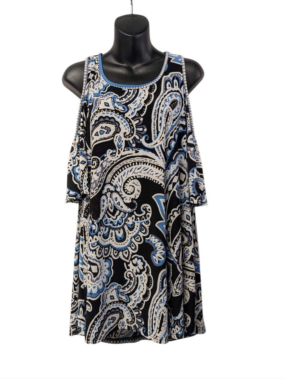 Lildy Cold Shoulder Tunic Top L XL Paisley Blue Black Flutter Sleeve Flowy Boho